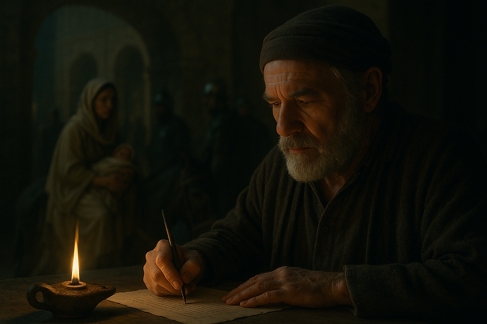 A bearded man writes by candlelight in a dim room; a woman holds a baby in the background. The scene is moody and medieval.