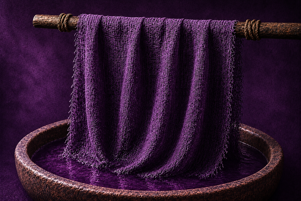 Purple gauzy fabric hangs from a wooden rod into a round basin of purple liquid against a dark purple background.