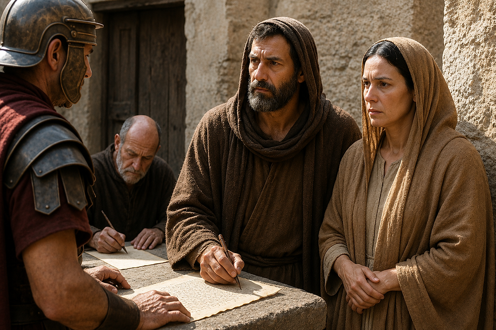 Roman soldier questions two robed villagers at a stone table while an older man writes on parchment; tense medieval scene