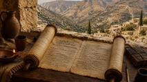 Ancient Greek scroll on a wooden table with pottery and a candle, overlooking a rugged mountain village at sunset.
