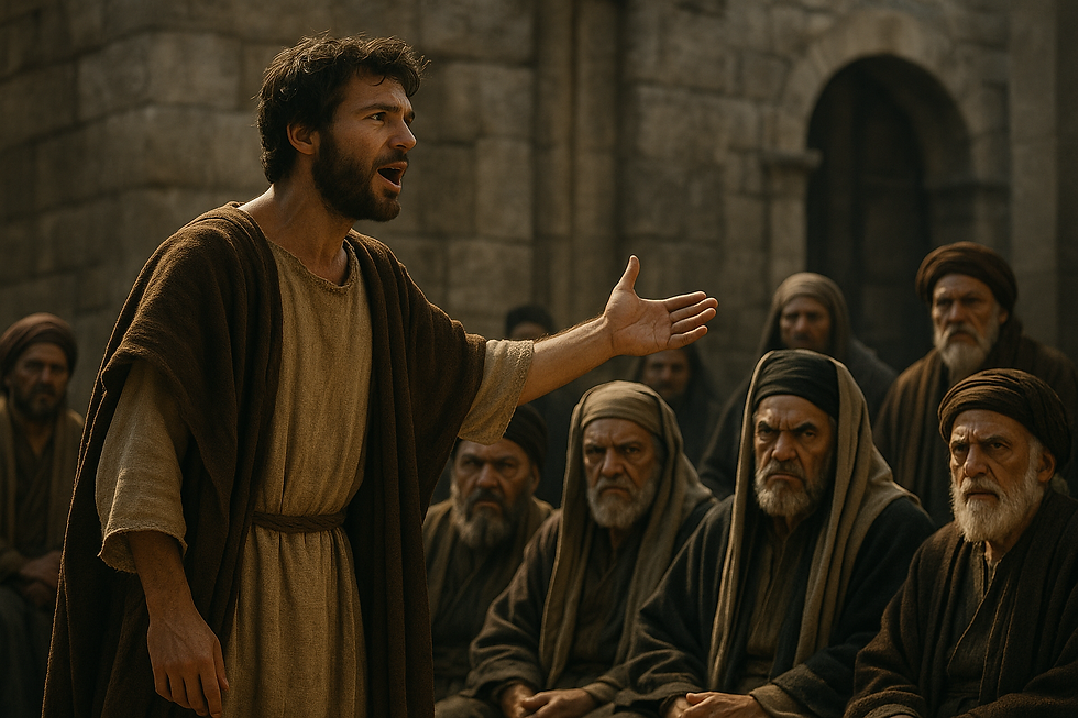 A man in a brown robe passionately addresses a group of seated, attentive people in robes, against a stone building backdrop, conveying intensity.