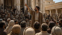 Bearded man in robes points and speaks to a gathered crowd in a sunlit stone courtyard, with columns and steps behind them.