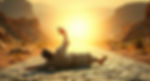 Man in gray robe lies on cobblestone path, reaching towards a bright sunrise in a desert canyon, evoking a sense of peace and wonder.