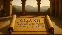 Ancient scroll with Greek text on a pedestal in a sunny stone pavilion with arched openings. Mountains visible in the background.