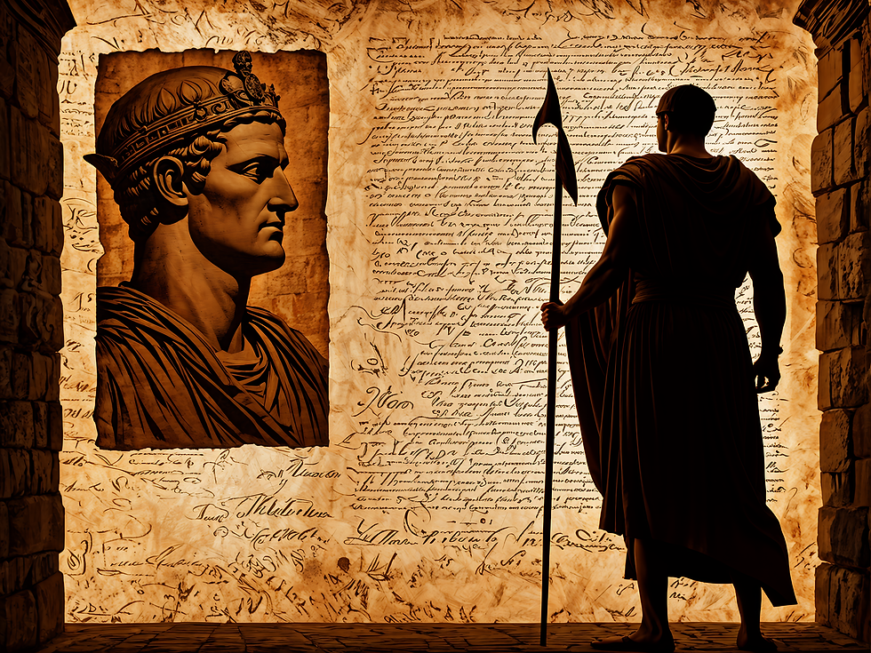 A silhouetted figure with a spear stands before a large ancient scroll with Latin text, next to a carved stone bust. Warm, sepia tones dominate.