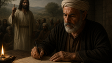 Bearded man in a turban writes on parchment by candlelight while a robed speaker addresses a crowd outdoors; solemn mood