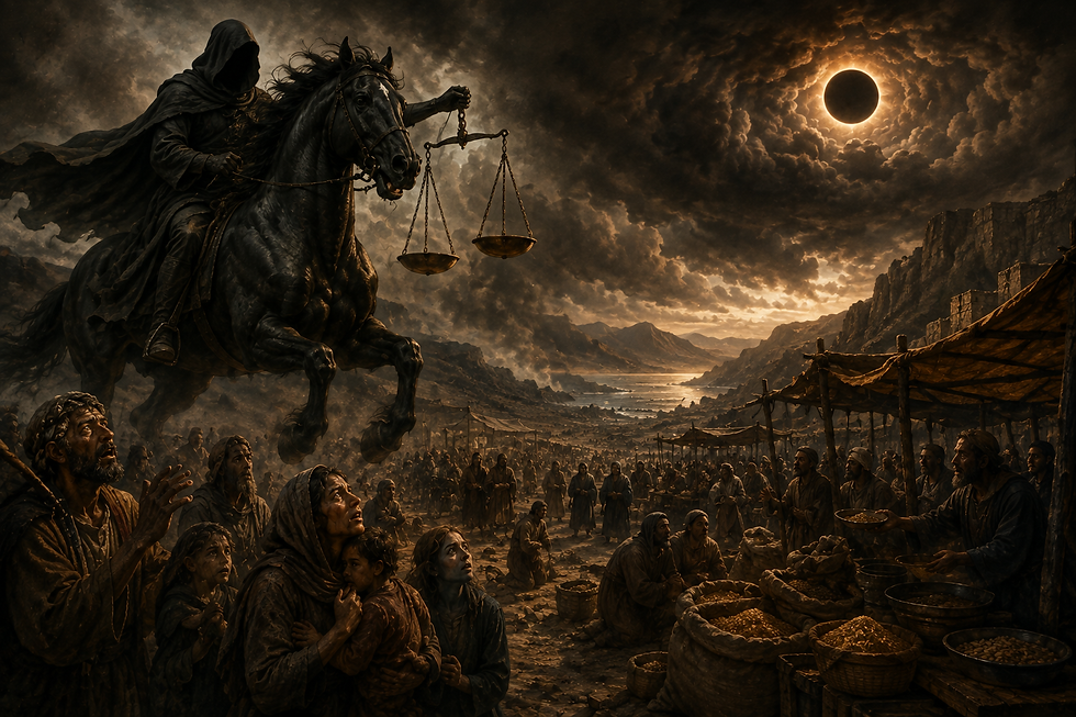 Hooded rider on black horse holds scales over a crowded village under a solar eclipse, with a dark, ominous sky.