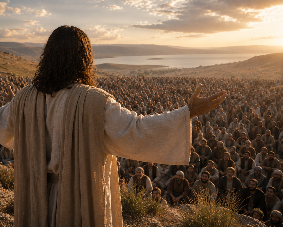 Robed man with outstretched arms speaks to a large crowd on a hillside by a lake at sunset, in warm golden light.