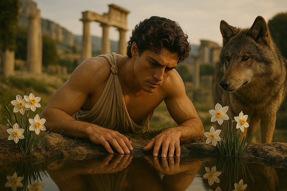 Man in ancient attire leans over a pond with a wolf by his side, surrounded by white flowers and ancient ruins, reflecting a contemplative mood.