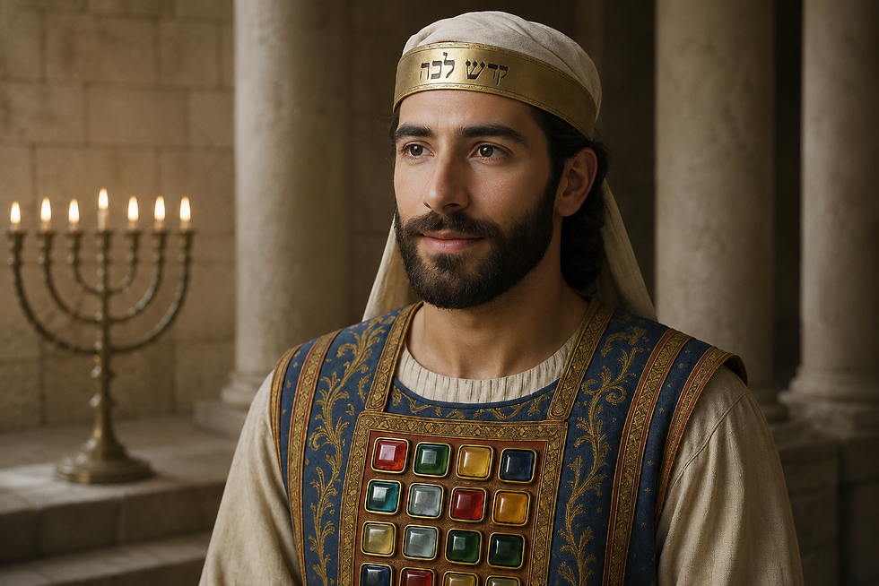 Bearded man in ornate ancient priest robes and Hebrew headband stands calmly before a lit menorah in a stone temple.