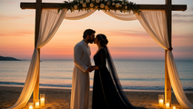 A couple kisses under a floral arch at sunset on a beach. Candles glow on the sand, creating a romantic atmosphere.
