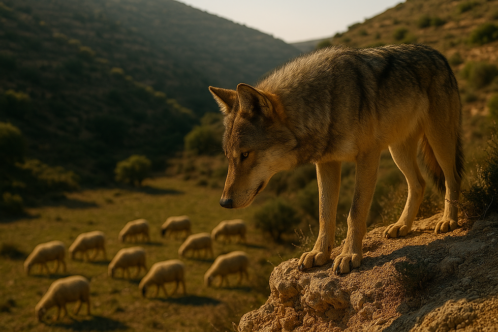 Wolf stands alert on rocky ledge, overlooking sheep grazing in grassy valley. Warm sunlight casts shadows, creating a tense atmosphere.