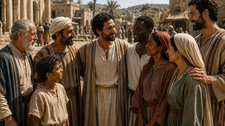 Smiling diverse group in ancient stone ruins, standing close with arms around shoulders under sunny sky.