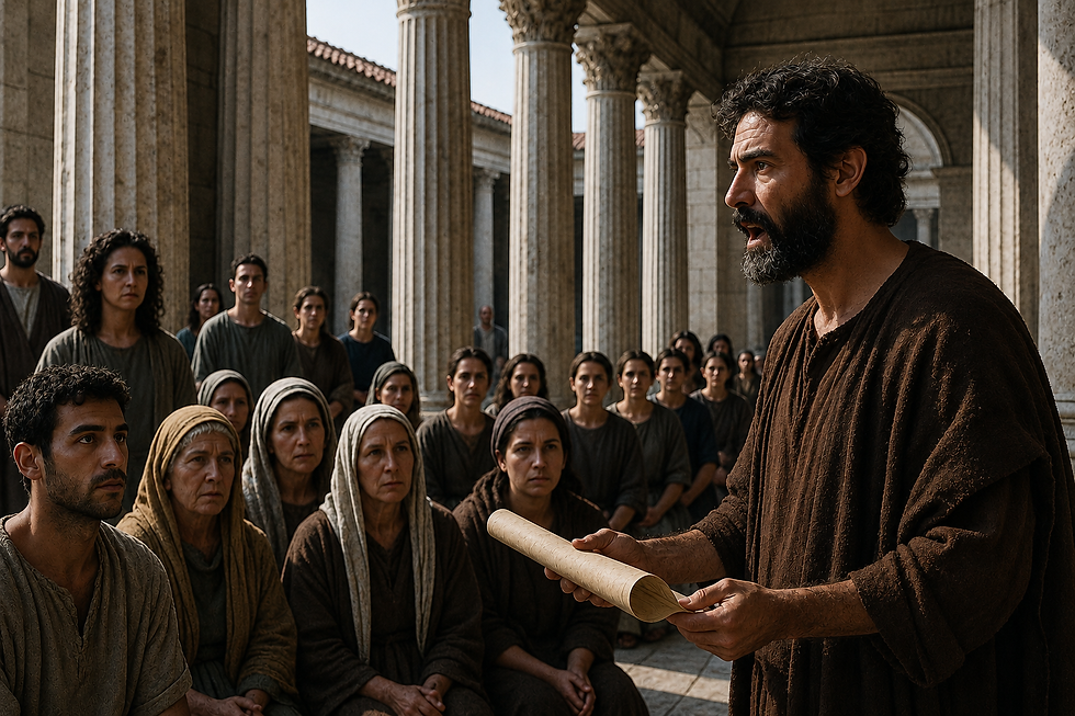 Bearded man holds a scroll and speaks to a solemn crowd in a stone colonnade, with robed men and women listening intently.