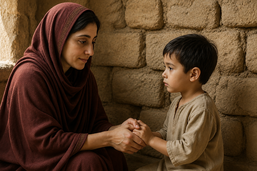 Woman in a maroon headscarf gently holds a young boy’s hands beside a stone wall, sharing a quiet, tender moment.