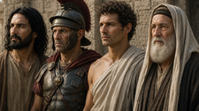 Four stern men in ancient robes and Roman armor stand before a stone wall, looking off-camera with tense expressions.