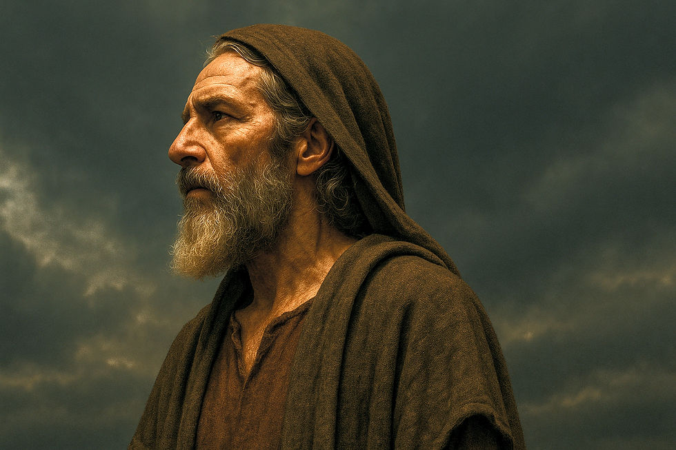 Bearded man in a brown hooded robe gazes left against a dramatic, cloudy sky, conveying a thoughtful, contemplative mood.