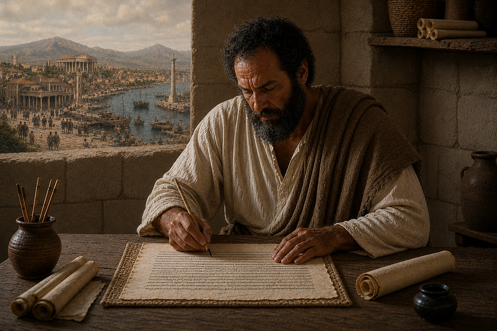 Bearded man in a tunic writes on a parchment scroll at a wooden desk, with an ancient harbor and temple city outside the window.