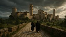 Two hooded figures walk on a cobblestone path towards a medieval stone abbey under a moody, cloudy sky, evoking a mysterious atmosphere.