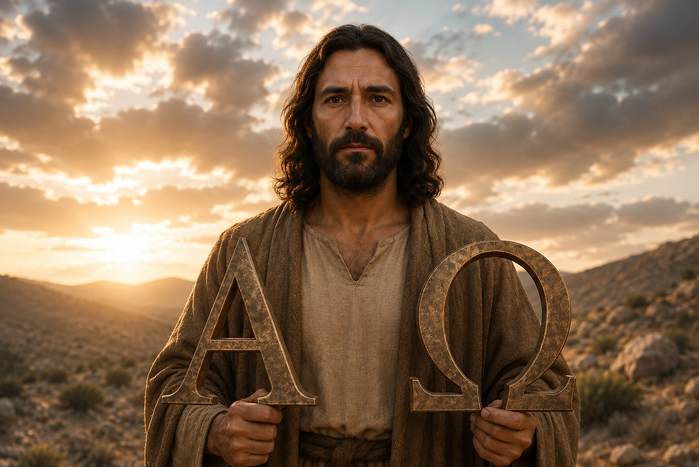 Bearded man in a desert at sunset holds gold Greek letters Alpha and Omega, looking solemn.