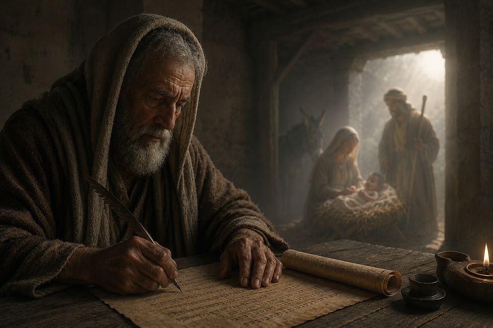 Elderly hooded man writes on a scroll at a wooden table, with candlelight and a family with a baby in the background.