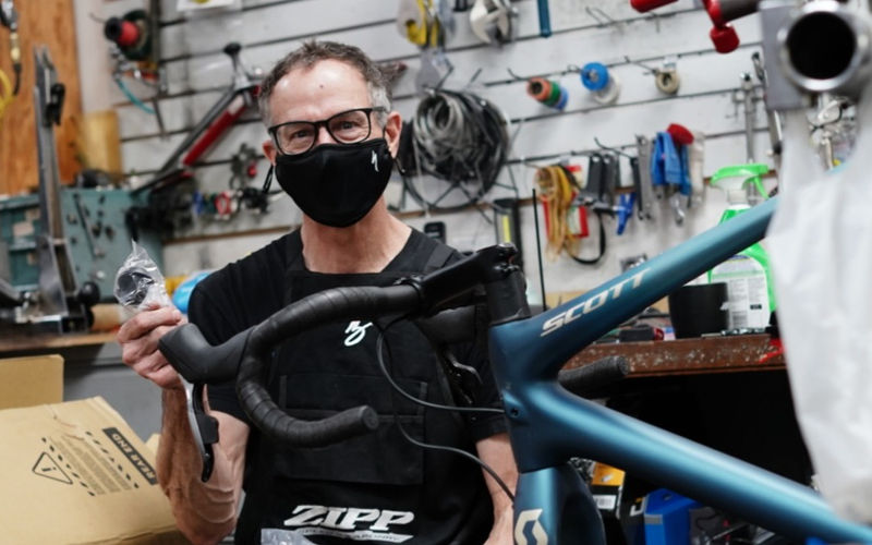 Bicycle service inside Blue Wheel Bicycles
