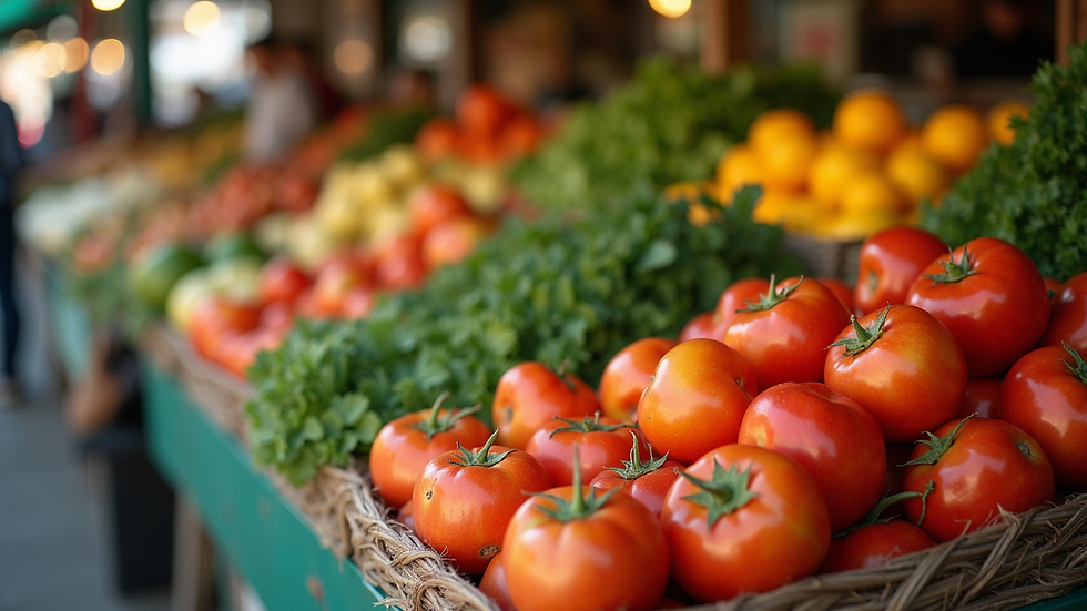 Close-up view of fresh fruits and vegetables at a market stall