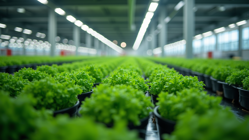 High angle view of futuristic indoor farm with LED lighting