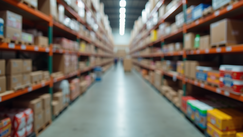 Eye-level view of a warehouse aisle filled with packaged food products