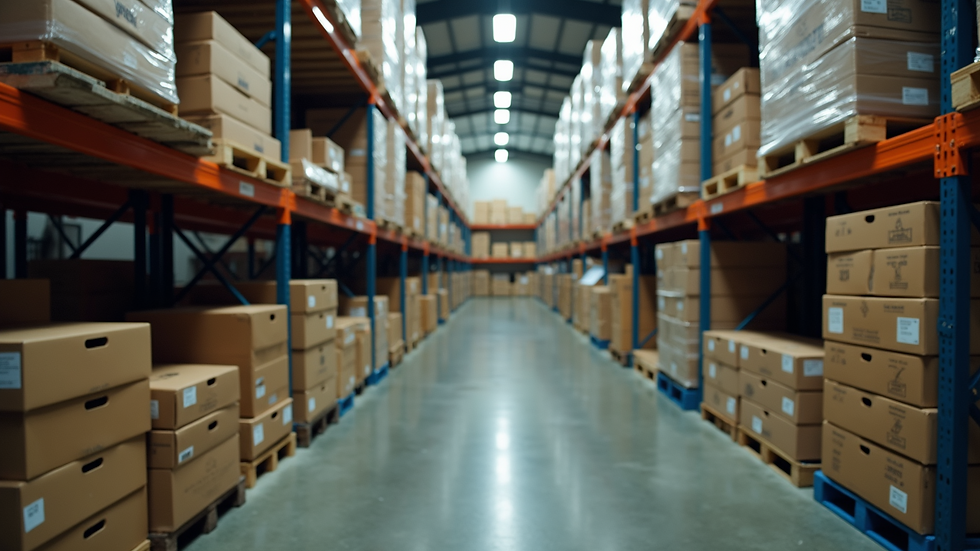 Close-up view of a refrigerated warehouse with stacked food crates