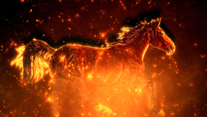 Galloping horse made of fire and sparks, against a dark background, creating a fiery, dynamic scene.