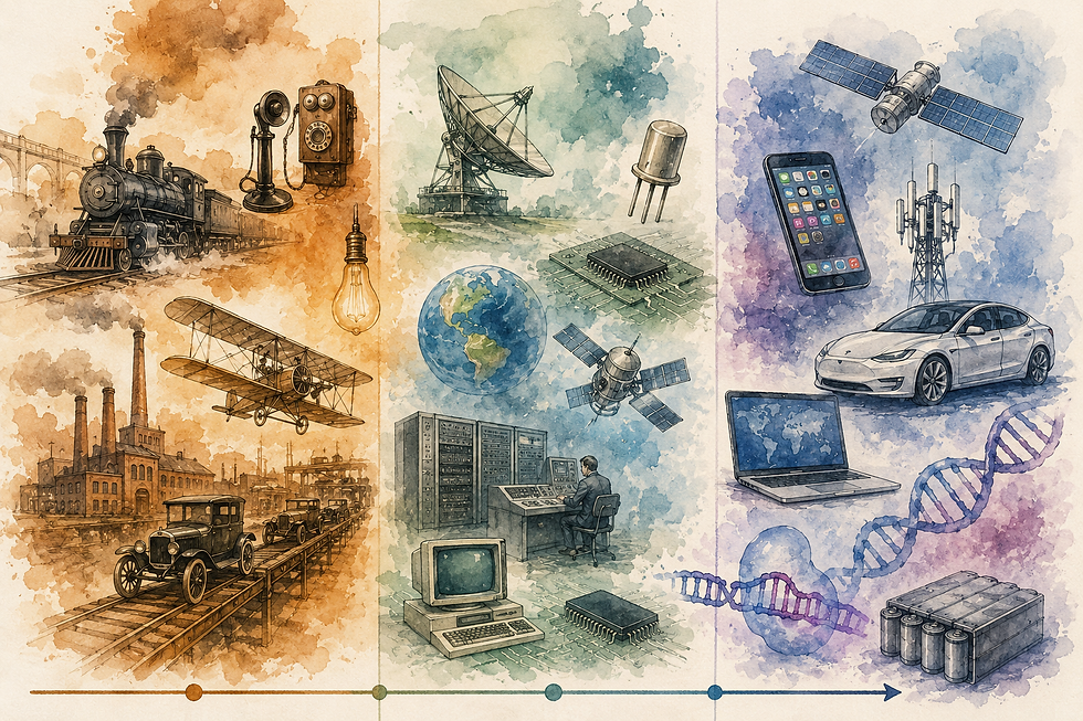 Alt-Text Aquarell-Zeitleiste mit Dampflok, Telefon, Mikrochip, Satellit, Smartphone, Elektroauto und DNA-Strang als Darstellung technologischer Durchbrüche vor und nach 1971.