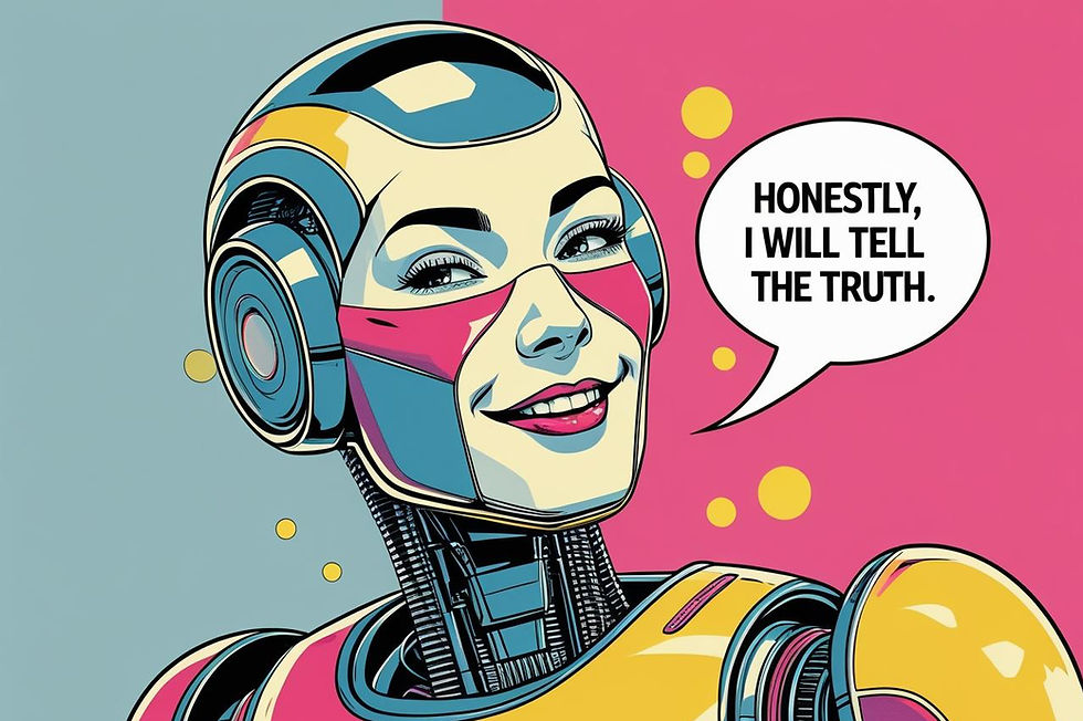 A female robot with a speech bubble