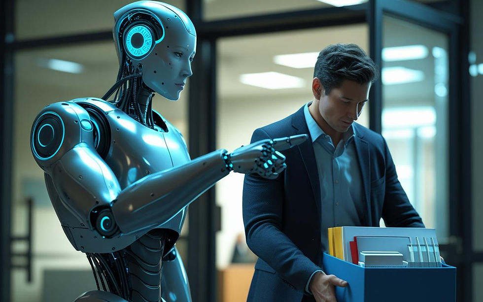 Robot showing sad man out of an office