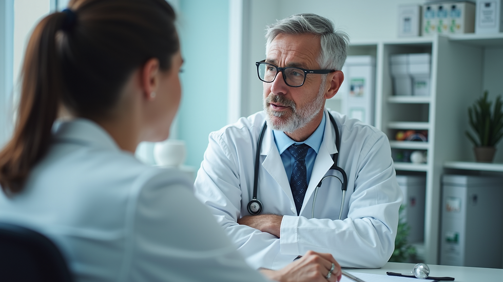 Eye-level view of a researcher discussing study details with a patient
