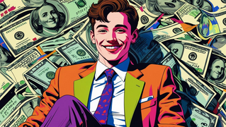 Smiling young man sitting on money