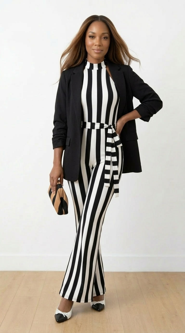 High angle view of bold striped pants paired with a white blouse and black shoes