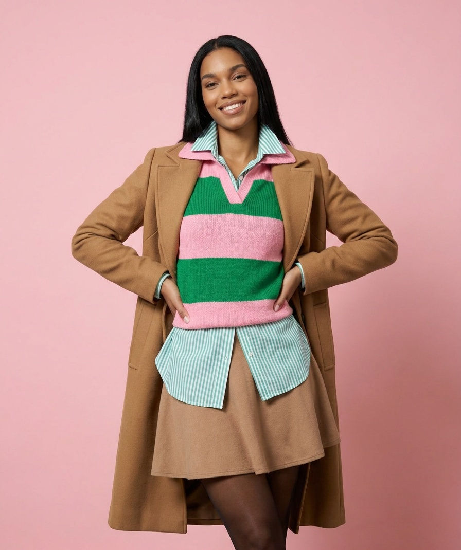 Bold Stripes V-Neck Sweater in Pink and Green