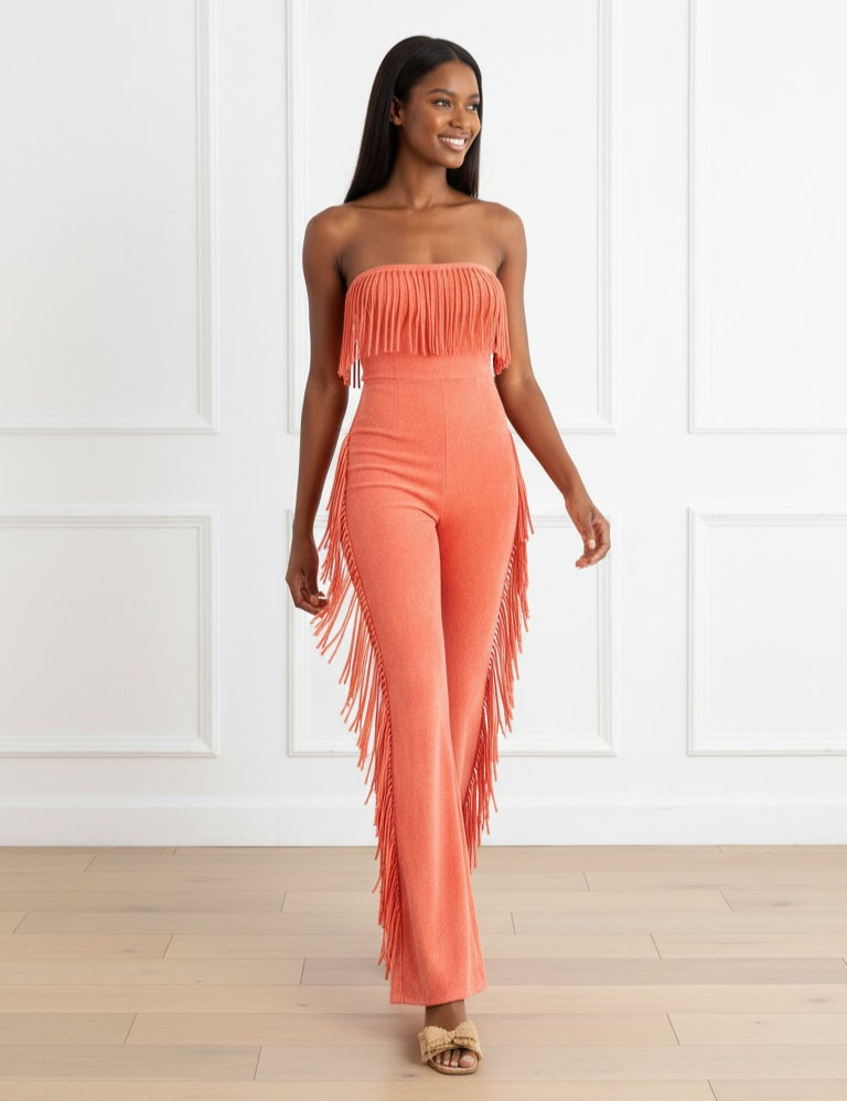 Mineral Wash Strapless Fringe Jumpsuit in Orange Crush