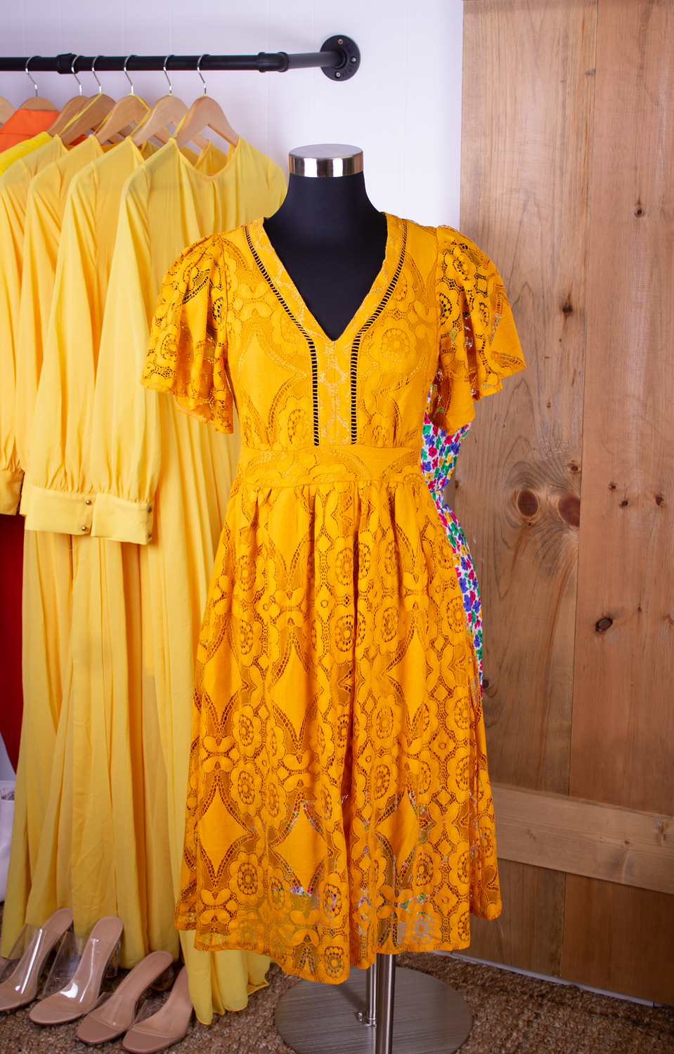 Thumbnail: Lace Midi Dress in Mustard