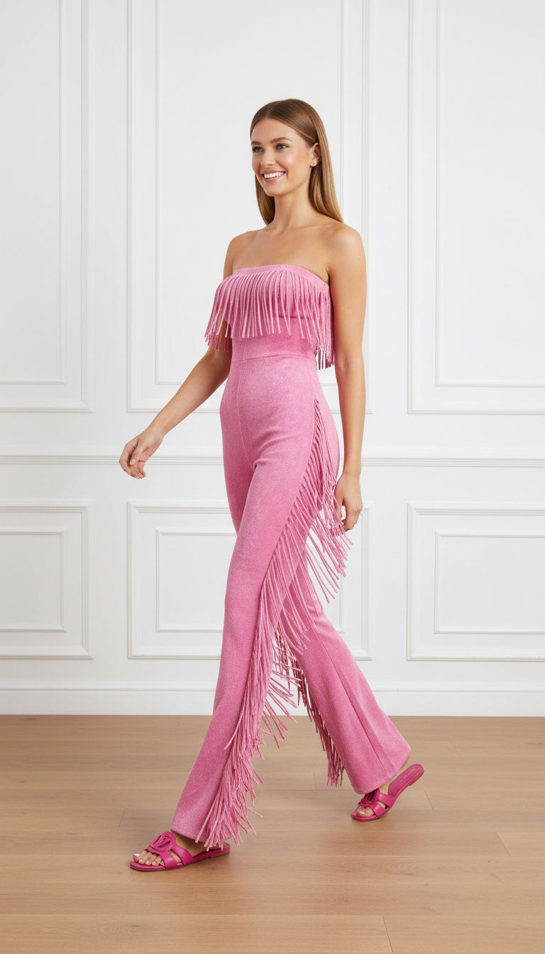 Mineral Wash Strapless Fringe Jumpsuit in Pink