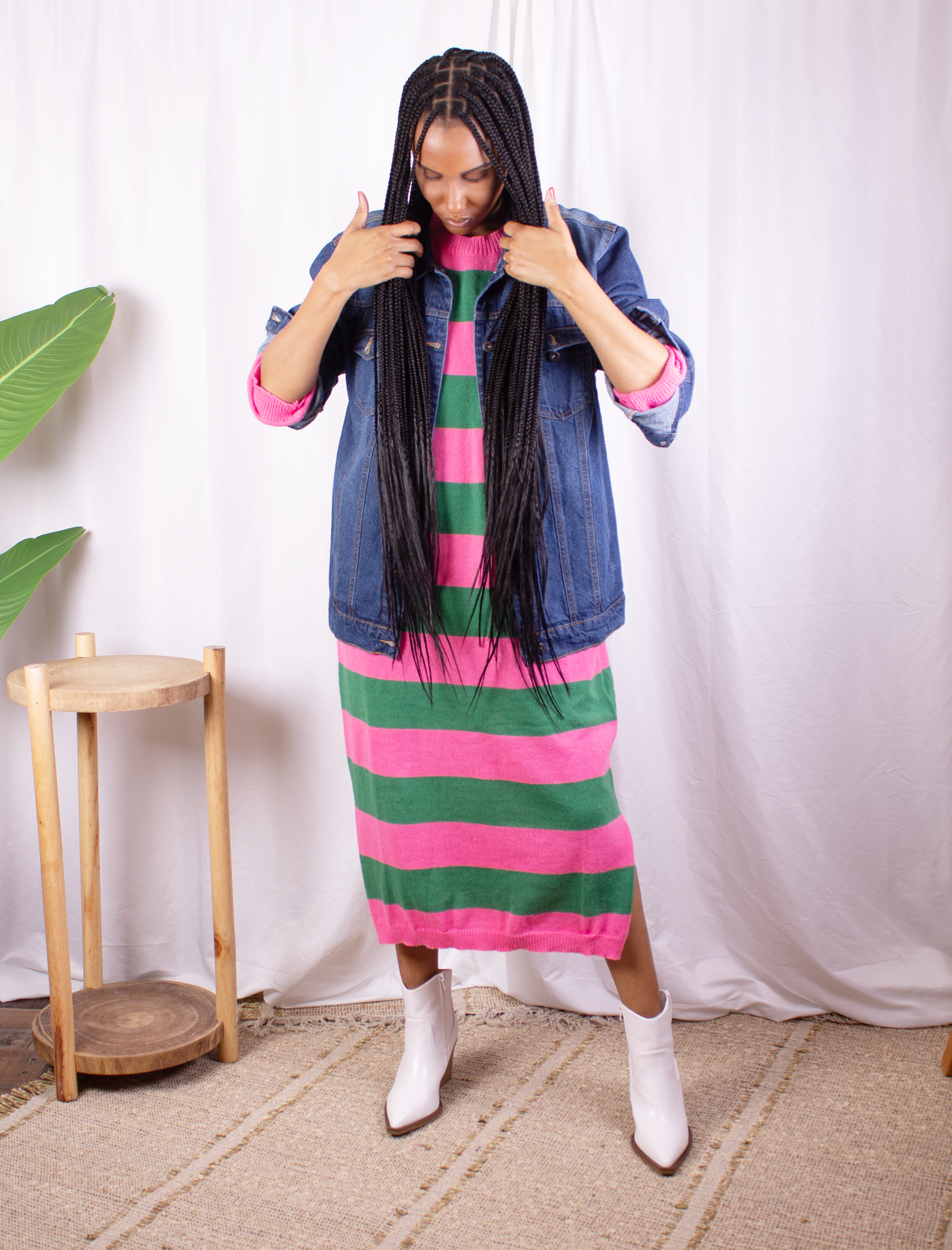 Pink and Green Oversized Tea Length Sweater Dress