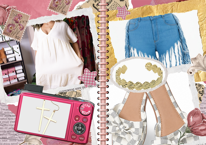 Eye-level view of a stylish outfit laid out on a modern wooden table