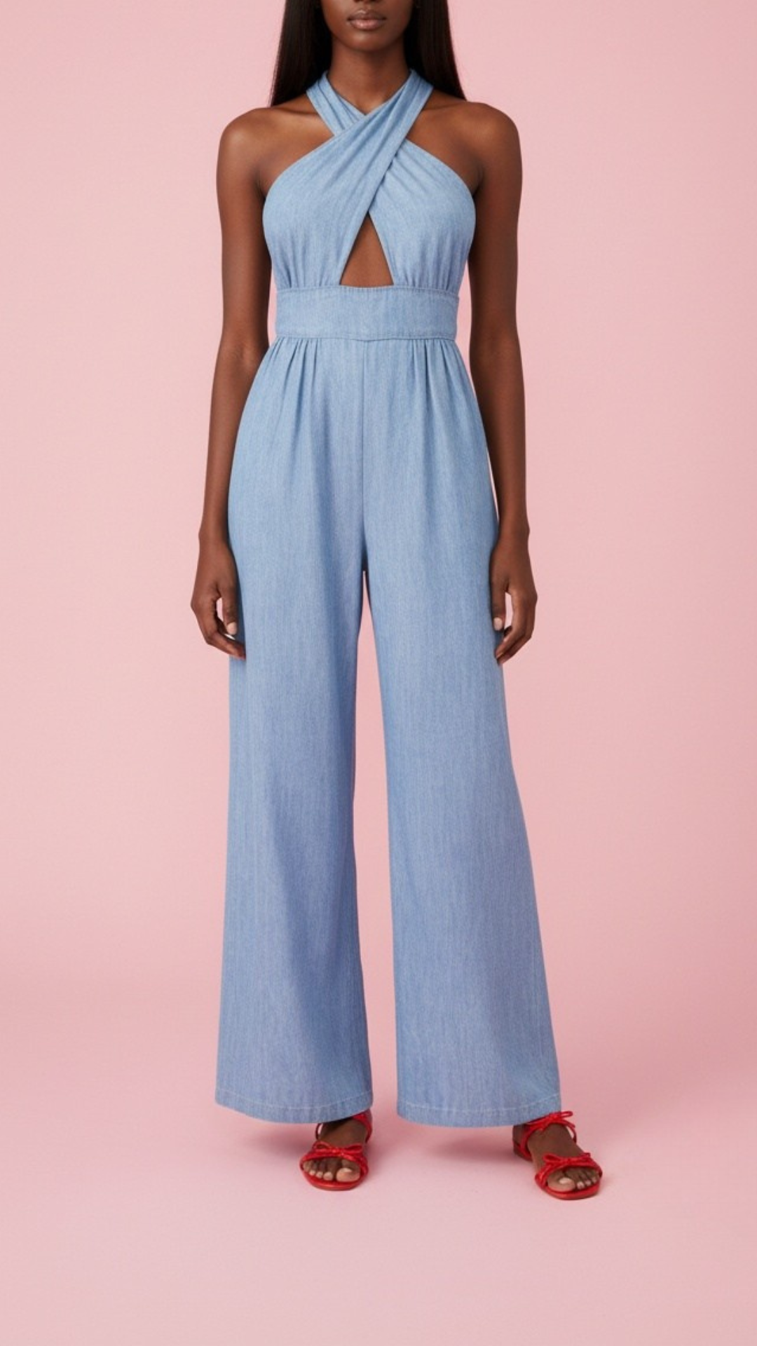Crisscross Chambray Halter Jumpsuit