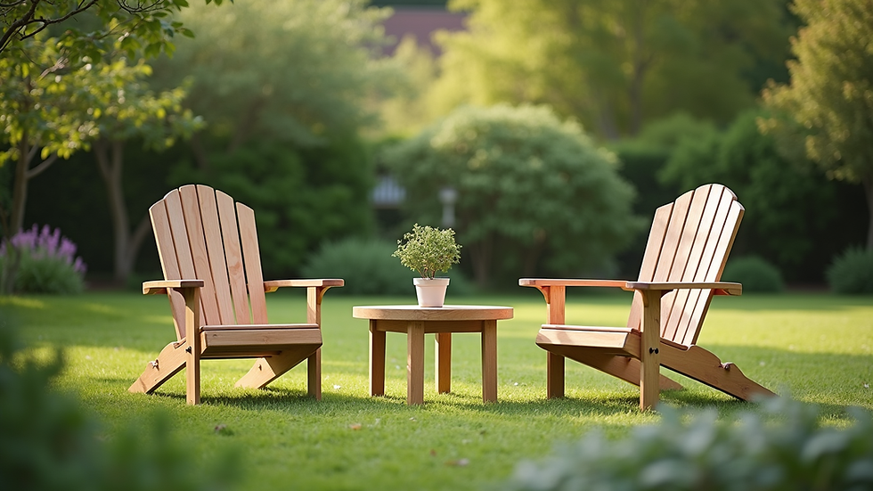 Nahaufnahme von handgefertigten Vollholz-Gartenmöbeln im Garten