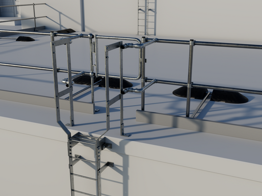 Freestanding roof edge protection system with fixed access ladder and self closing gate in 3d image