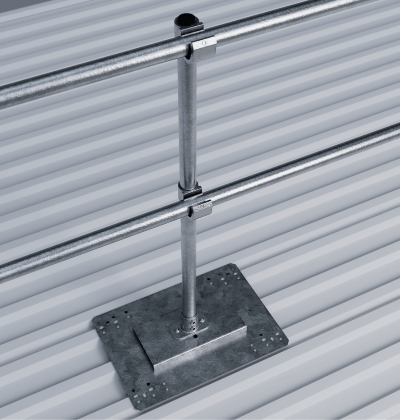 Thumbnail: TopFix Fixed Roof-Edge Protection System shown with upright post, rivet-fixed base plate, clamps, and end cap – modular guard