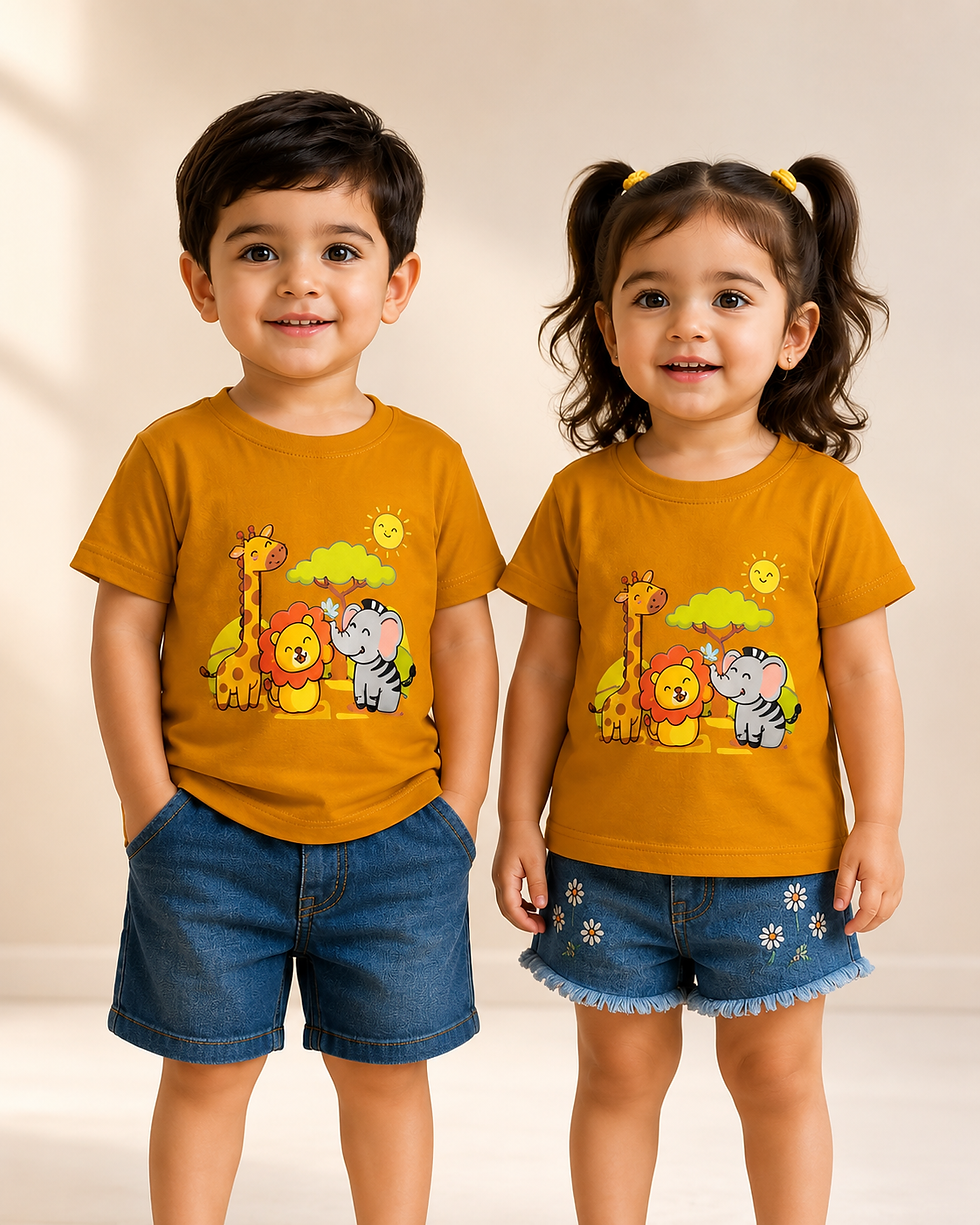 Junior Adda Kids Mustard Yellow Half Sleeve Cotton T-Shirt | Cute Jungle Animals Print | Soft Round Neck Casual T-Shirt for B