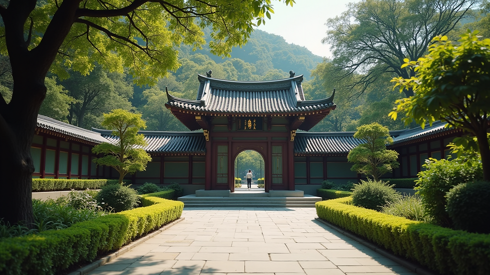 Eye-level view of Kwan Um Temple's serene garden area