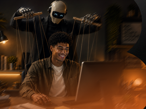 Imagem conceitual sobre inteligência artificial e autonomia criativa. Um jovem profissional negro trabalha sorrindo diante de um notebook, em um ambiente moderno e pouco iluminado. Atrás dele, um robô humanoide controla fios de marionete conectados aos seus braços e corpo, sugerindo que a tecnologia conduz suas ações sem que ele perceba. A iluminação quente, com tons alaranjados e sombras profundas, cria uma atmosfera cinematográfica. A composição aborda temas como dependência da inteligência artificial, automação do trabalho, perda de autonomia, criatividade humana, controle tecnológico e uso inconsciente de ferramentas de IA.
